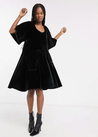 Свободное бархатное платье с карманами ASOS WHITE-Черный цвет