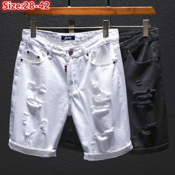 Летние джинсовые белые шорты, рваные черные половинные джинсы с дырками, популярные поцарапанные корейские состаренные бриджи для мальчик...