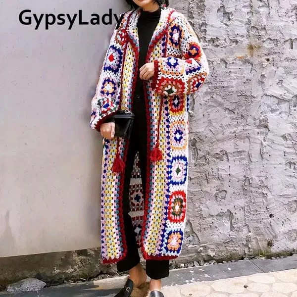 Вязаный свитер ручной работы GypsyLady, длинный кардиган в стиле хиппи, бохо, мохеровая куртка с длинным рукавом, шик с этническими мотивами паль...