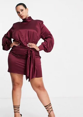 Бордовое платье мини с высоким воротником и широким поясом ASOS DESIGN Curve-Красный