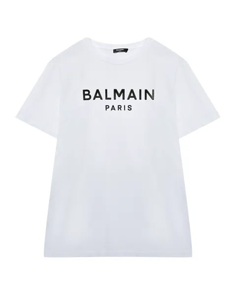 Футболка с черным лого, белая Balmain