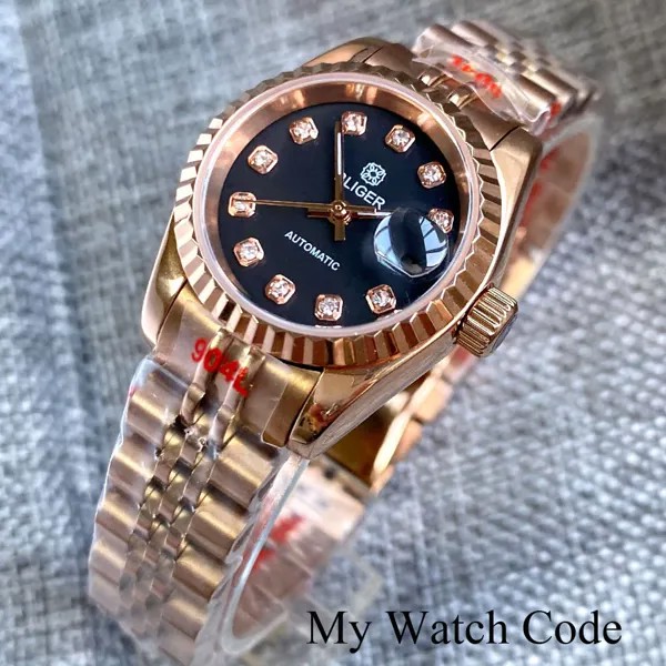 NH05 Movt розовое золото женские Автоматические часы 26 мм стальной чехол сапфир Cyclop рифленый ободок ручной работы бизнес девушка наручные часы