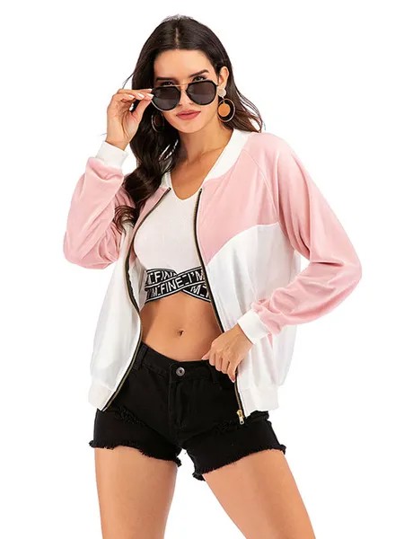Milanoo Women Hoodie Pink Jewel Neck Long Sleeves Two Tone Zipper Polyester Hooded Sweatshirt