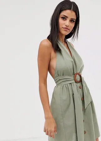 Льняной сарафан халтер на пуговицах с пряжкой ASOS DESIGN Tall-Зеленый