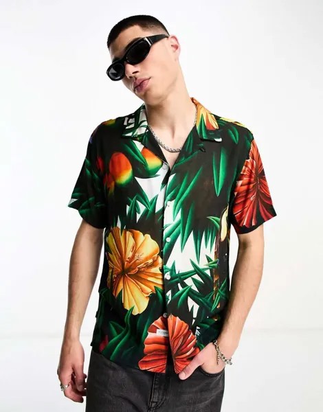 Рубашка The Hundreds с короткими рукавами и воротником-стойкой с тропическим принтом