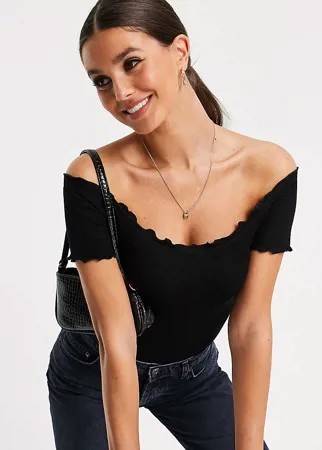 Боди черного цвета с открытыми плечами и волнистыми краями ASOS DESIGN Tall-Черный цвет