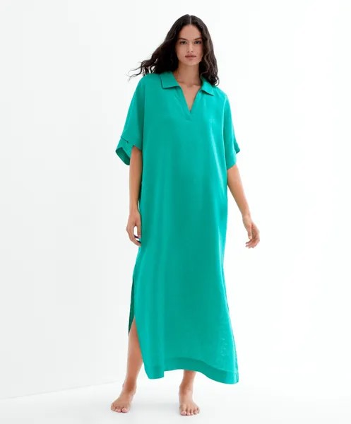 Платье-туника из 100% льна с воротником-поло OYSHO, бирюзово-зеленый