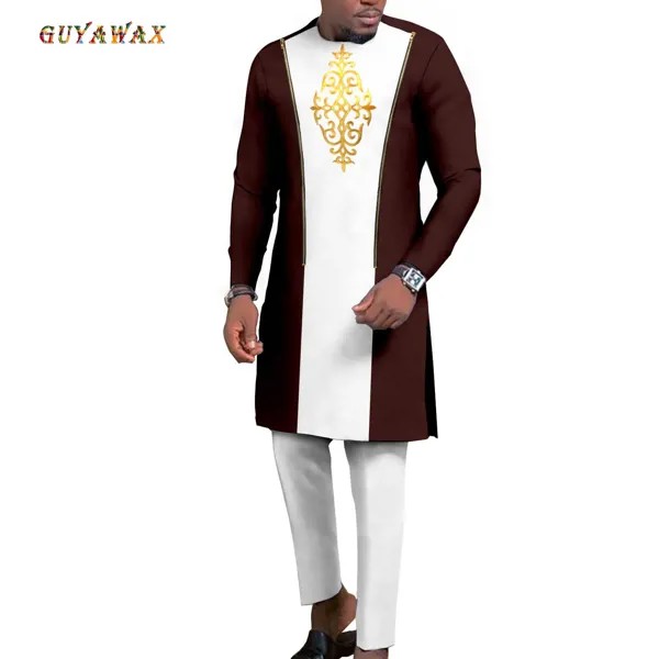Мужская официальная куртка и брюки с вышивкой, комплект из 2 предметов, богатые наряды Dashiki Bzain, Длинная Верхняя одежда для свадебного торжества