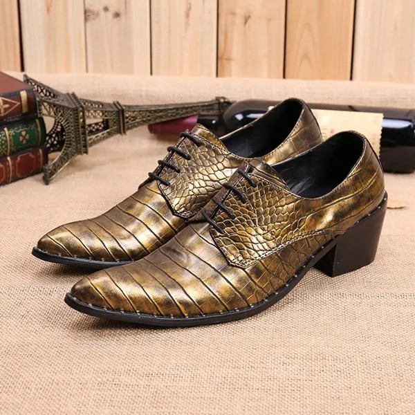 Туфли мужские на высоком каблуке, натуральная кожа, заостренный носок, классическая офисная деловая обувь под крокодиловую кожу, со шнуровкой