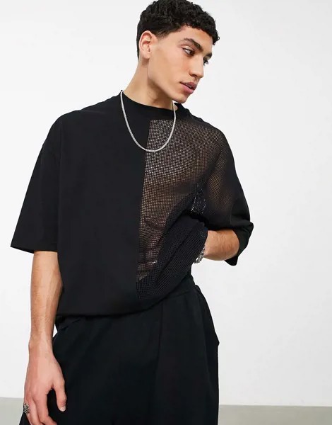 Черная трикотажная oversized-футболка с сетчатыми вставками ASOS DESIGN-Черный