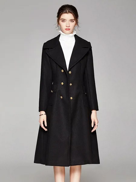 Milanoo Women Outerwear Turndown Collar Long Sleeves Buttons Casual Black Maxi Coat