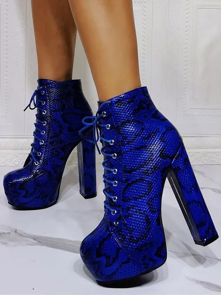 Milanoo Women's Snakeskin Lace Up Platform Chunky Heel Ankle Boots Blue