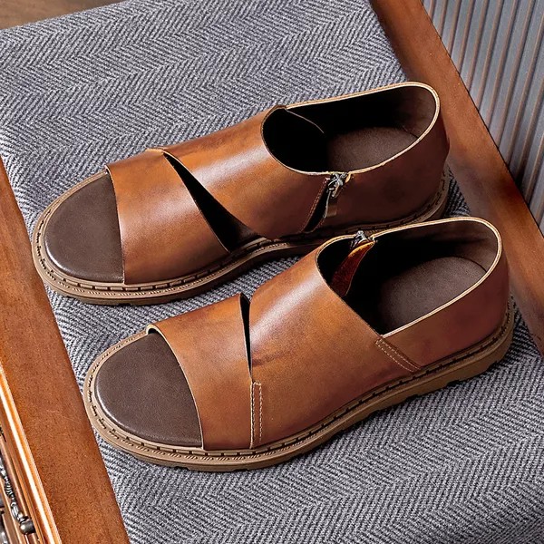 Деловой стиль зрелые кожаные сандалии с ремешком на щиколотке на молнии Элегантная универсальная летняя пляжная обувь для мужчин