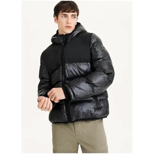 Куртка DKNY М мужская черная теплая с капюшоном на молнии со вставками на груди, лого на плече