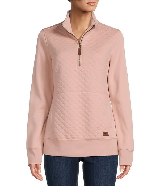 Стеганый вязаный пуловер L.L.Bean с воротником-стойкой и карманом-кенгуру с длинными рукавами и молнией на четверть., розовый
