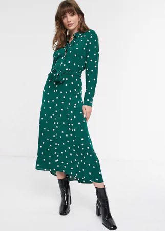 Темно-зеленое платье-рубашка миди в горошек с завязкой & Other Stories-Зеленый
