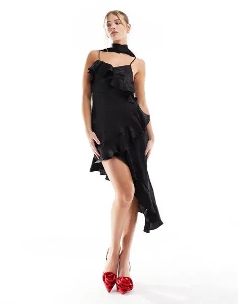 Черное атласное платье с рюшами и шарфом на подоле Miss Selfridge