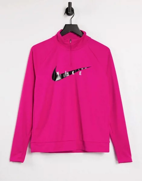Розовый топ для среднего слоя с короткой молнией и логотипом-галочкой Nike Running-Розовый цвет