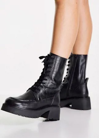 Черные кожаные ботинки на массивной подошве со шнуровкой ASOS DESIGN Aliance-Черный цвет