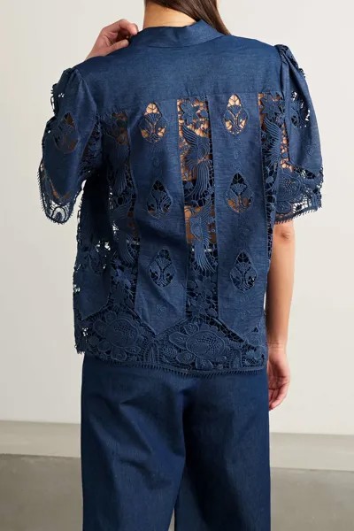 MIGUELINA рубашка Constance из хлопка и шамбре с кружевными вставками, военно-морской