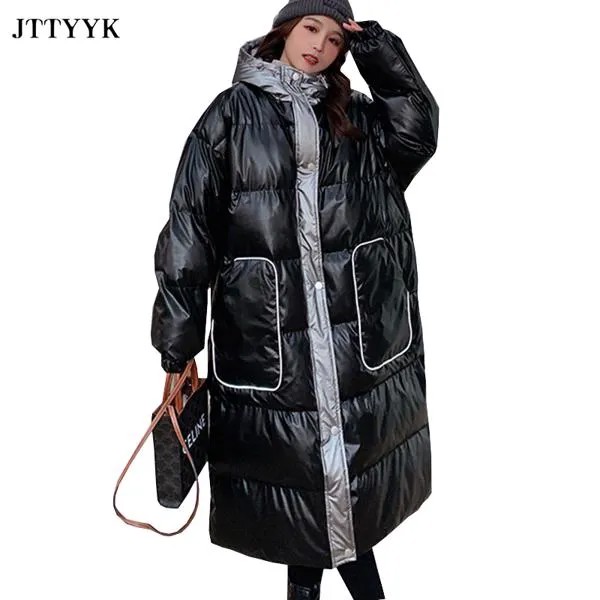Женское зимнее пальто, блестящая Водонепроницаемая парка, длинный секционный пуховик, Корейская Свободная Повседневная утолщенная теплая хлопковая куртка для женщин 2021