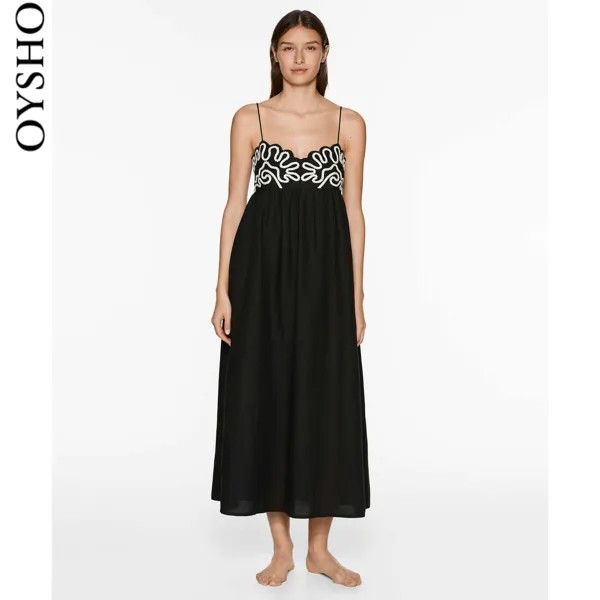 Платье длинное льняное Oysho с вышивкой, черный