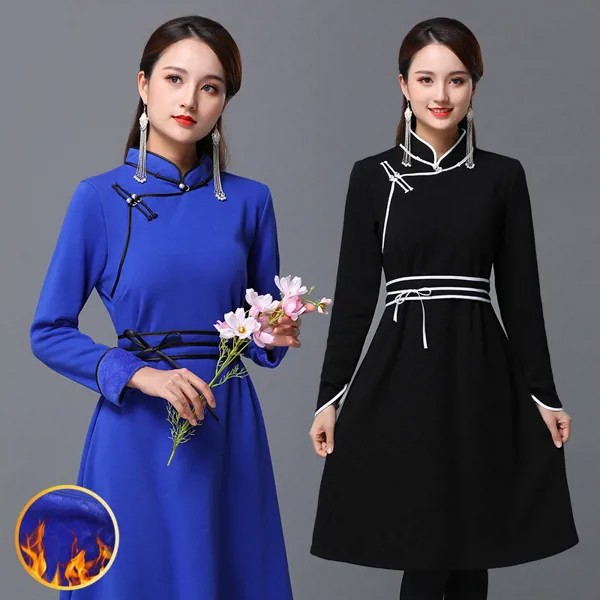 Женский костюм с вышивкой, зимняя одежда в этническом стиле, традиционное длинное платье, монгольский костюм в стиле ретро