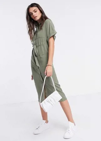 Платье-рубашка хаки в стиле милитари с завязкой на поясе ASOS DESIGN-Зеленый цвет