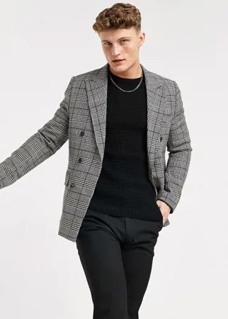 Коричневый двубортный приталенный пиджак в клетку Gianni Feraud-Серый