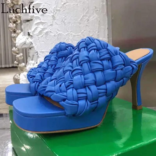 Женские туфли на платформе, вечерние ничные шлепанцы с открытым носком, на высоком каблуке, сланцы, модельные синие и персиковые туфли, 2020