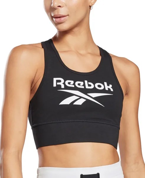 Женский спортивный бюстгальтер из хлопка с низким ударным воздействием и графическим логотипом Reebok, черный