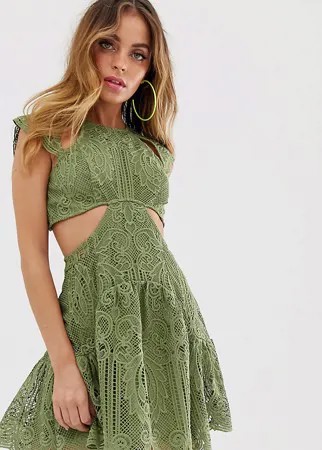 Кружевное платье мини с волнистой отделкой по краю ASOS DESIGN Petite-Зеленый