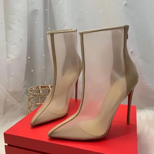 Женские сетчатые кожаные ботинки, элегантная обувь абрикосового цвета с острым носком на высоком каблуке