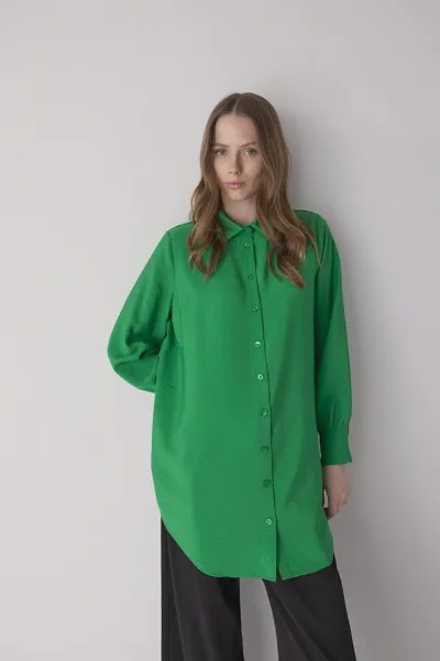 Туника свободного кроя с рубашечным воротником и длинными рукавами DeFacto, зеленый