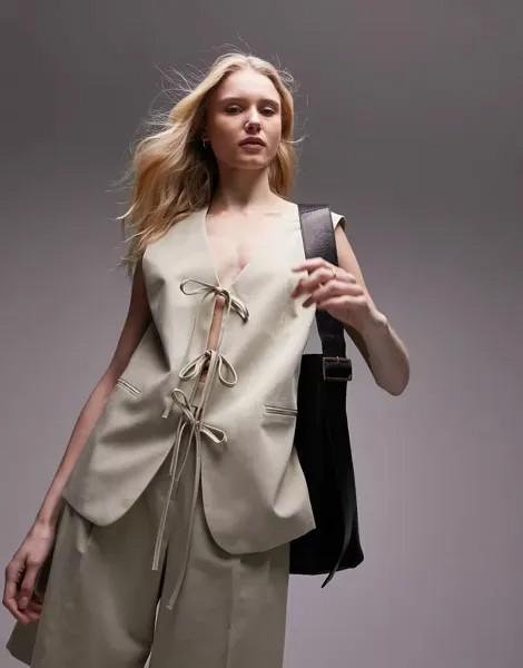 Элегантный песочный жилет Topshop с завязками спереди