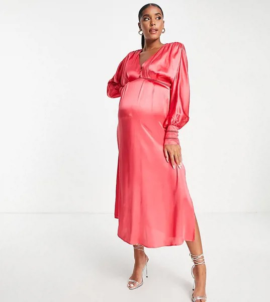 Коралловое атласное платье миди с рукавами «летучая мышь» Hope & Ivy Maternity Milly-Розовый цвет