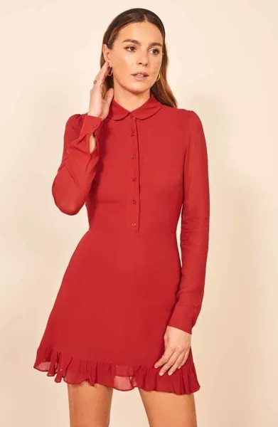 NEW REFORMATION Красное малиновое женское мини-платье-рубашка с длинными рукавами и рюшами на подоле 6 ~ S/M