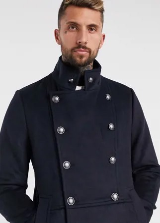 Темно-синее двубортное пальто из смесовой шерсти с элементами в стиле милитари ASOS DESIGN-Темно-синий