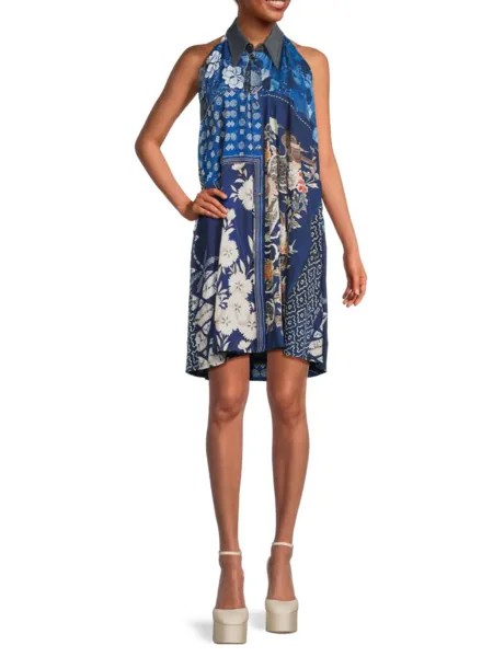 Платье-рубашка с воротником и цветочным принтом Roberto Cavalli, цвет Blue White