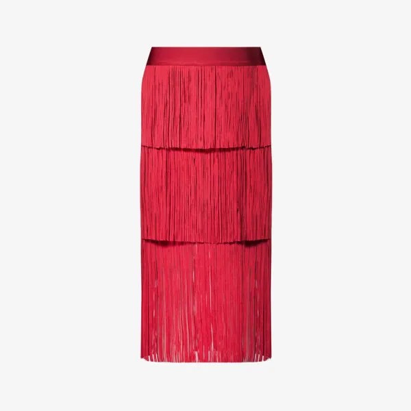 Трикотажная юбка миди средней посадки с бахромой из переработанного вискозы Herve Leger, красный
