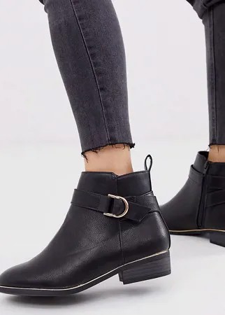 Черные полусапожки на плоской подошве с пряжкой New Look Wide Fit-Черный