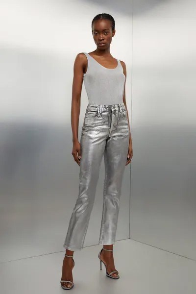 Узкие джинсы с высокой посадкой и серебристой фольгой Karen Millen, серый