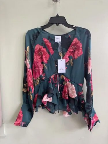 Зеленая блузка с баской и оборками Misa Los Angeles, топ XS с цветочным принтом и шнуровкой, топ XS 300 долларов США