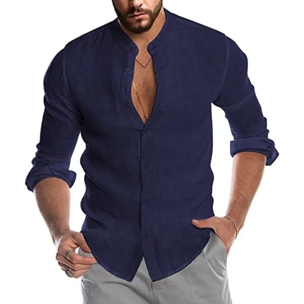 Мужская повседневная льняная рубашка с воротником-стойкой и длинным рукавом на пуговицах