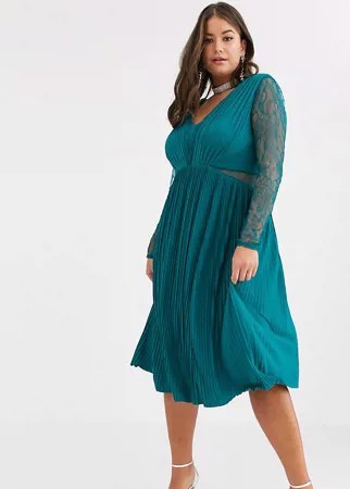 Платье миди с кружевом и плиссировкой ASOS DESIGN Curve-Зеленый