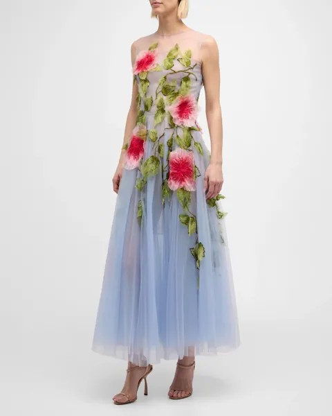 Платье без рукавов из органзы с вышивкой гибискуса Oscar de la Renta, цвет Light Bluepink