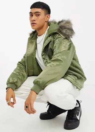 Дутая куртка-бомбер цвета хаки с искусственным мехом на капюшоне ASOS DESIGN-Зеленый