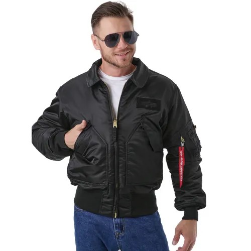Бомбер ALPHA INDUSTRIES, демисезон/зима, силуэт свободный, без капюшона, манжеты, подкладка, утепленная, карманы, водонепроницаемая, внутренний карман, ветрозащитная, размер L, черный