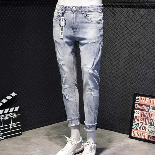 Мужские рваные джинсы с бахромой, синие винтажные корейские узкие брюки до щиколотки с дырками, повседневные уличные джинсовые брюки-карандаш