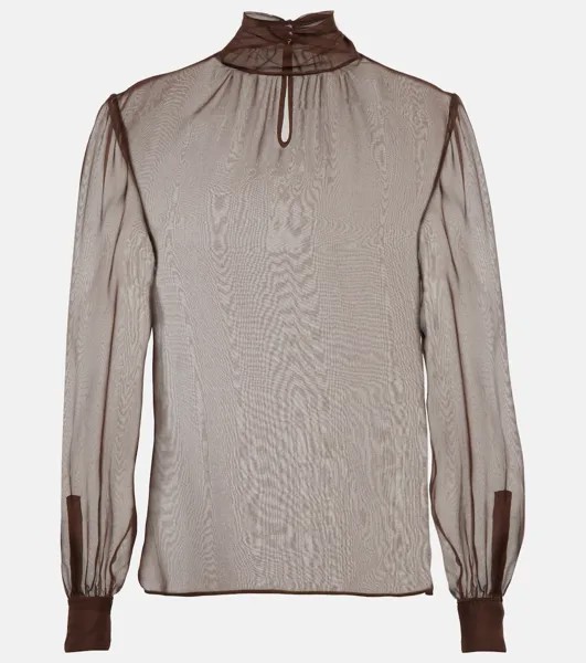Прозрачная шелковая блузка с воротником-стойкой SAINT LAURENT, коричневый